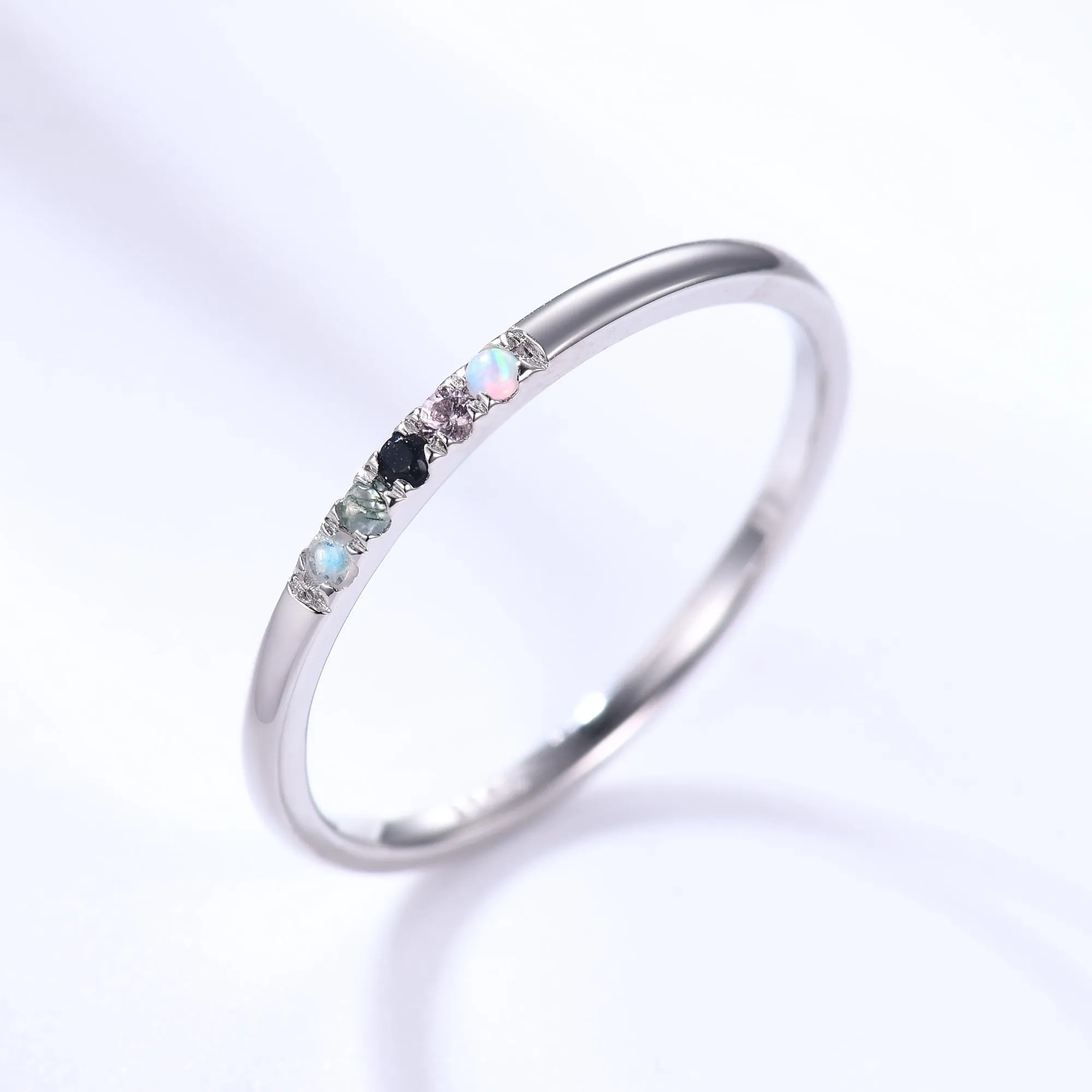 Personalized 5 Birthstones White Gold Ring for Mother moonstone moss agate sandstone morganite opal