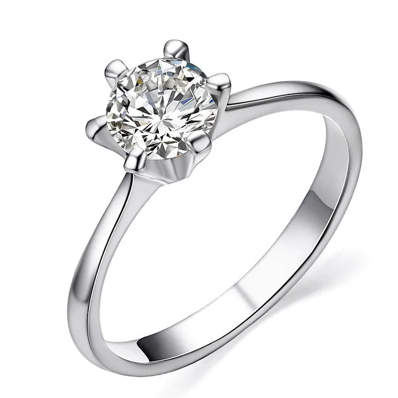 Platinum Plated Classic Simple Design 6 Prong Sparkling Solitaire 1ct simulatedDiamond forever Wedding Ring bijoux