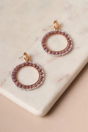 Purple & Gold Circular Beaded Hoop Stud Earrings /6 Pairs