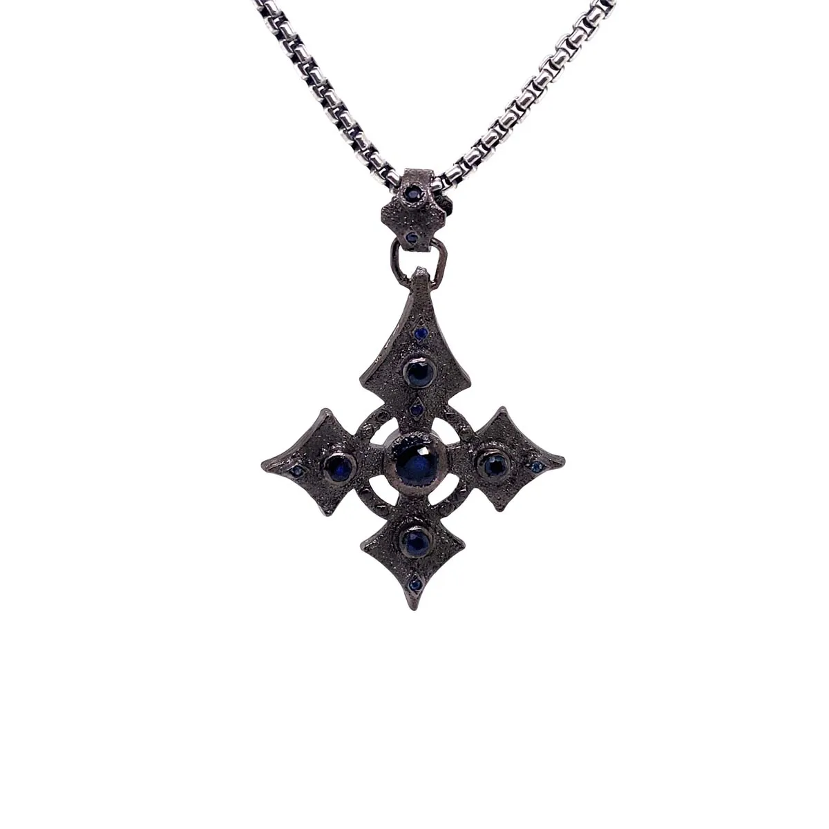 Raw Diamond Collection - Silver and Black Rhodium Cross Medium - Sapphire