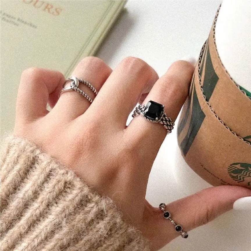 Retro Style Irregular Black Stone Resizable Silver Ring