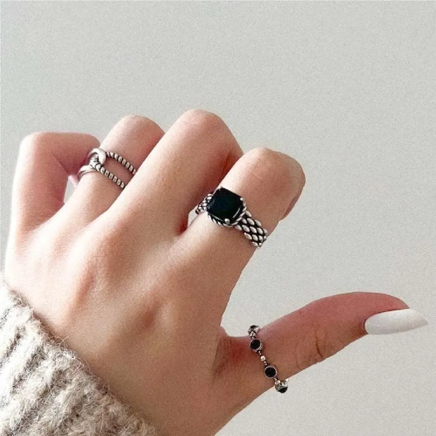 Retro Style Irregular Black Stone Resizable Silver Ring