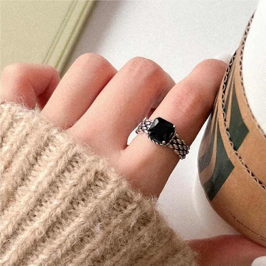 Retro Style Irregular Black Stone Resizable Silver Ring