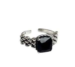 Retro Style Irregular Black Stone Resizable Silver Ring