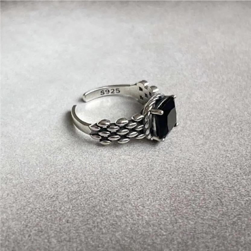 Retro Style Irregular Black Stone Resizable Silver Ring