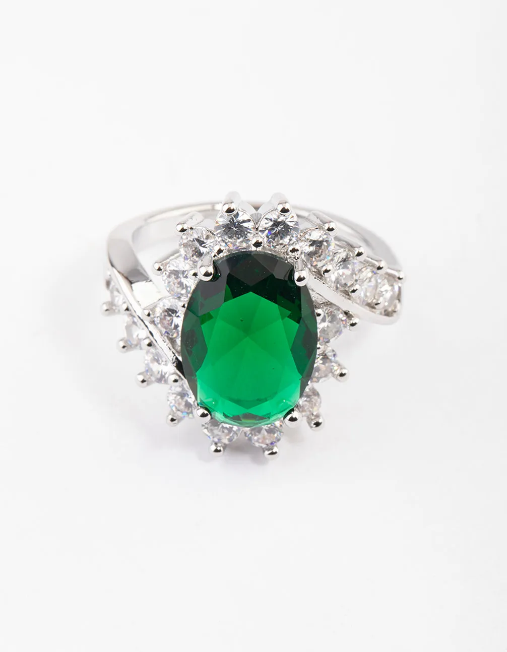 Rhodium Cubic Zirconia Vintage Green Oval Ring