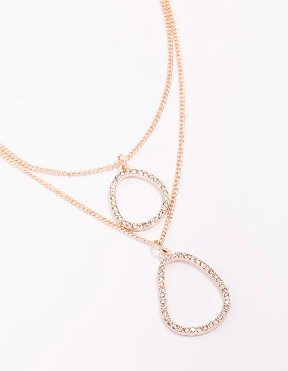 Rose Gold Oval Drop Diamante Layered Necklace