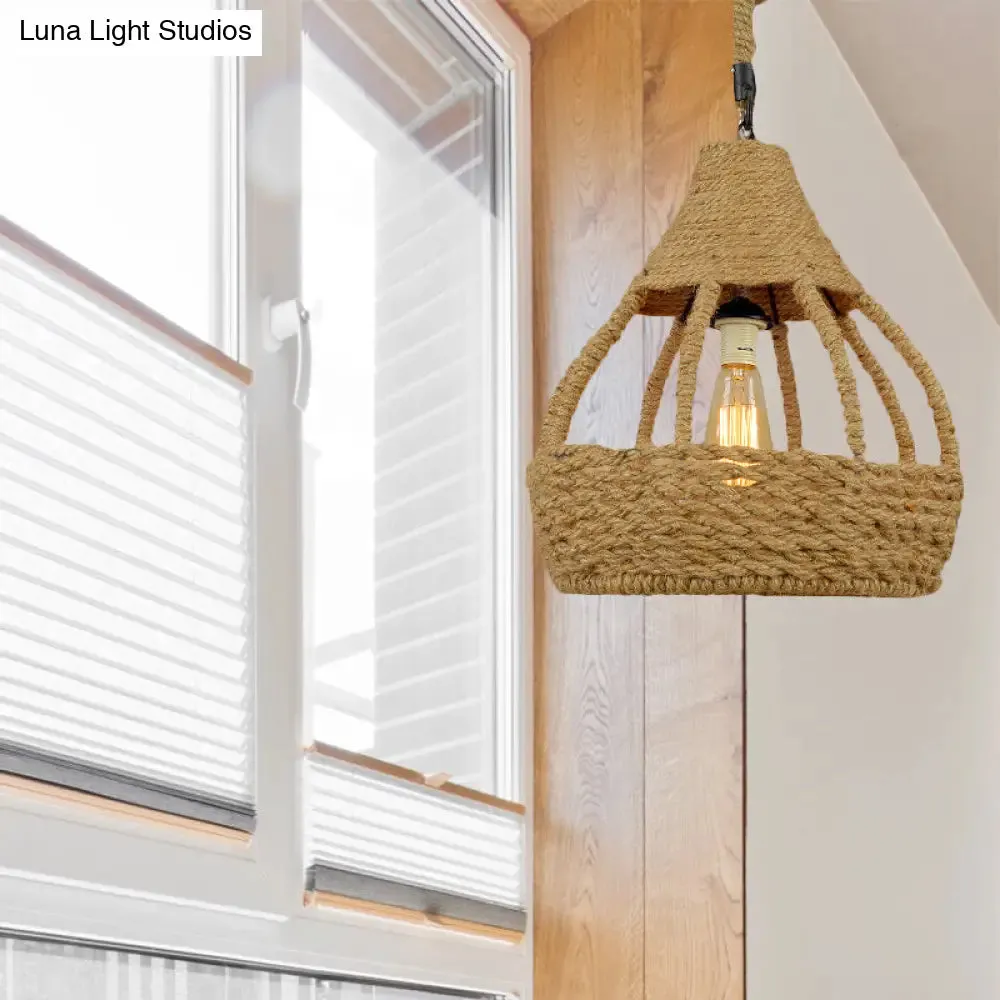 Rustic Brown Balcony Pendant Light Fixture with Rope Dome Shade - Country Style Suspension