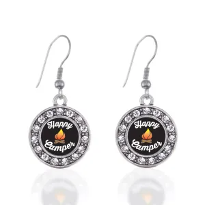 Silver Happy Camper Circle Charm Dangle Earrings