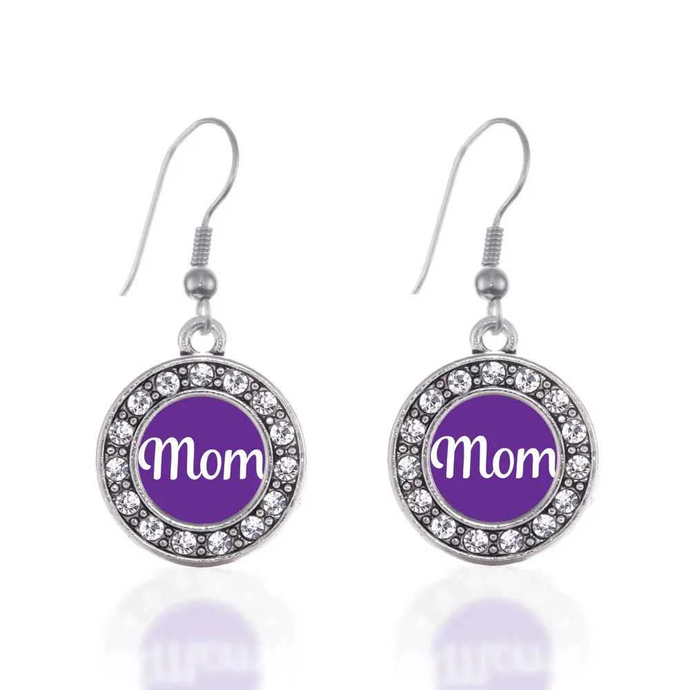 Silver Purple Mom Circle Charm Dangle Earrings