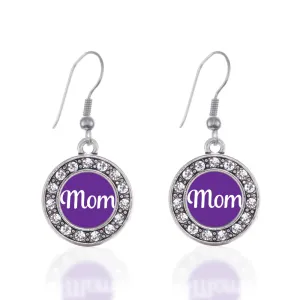 Silver Purple Mom Circle Charm Dangle Earrings