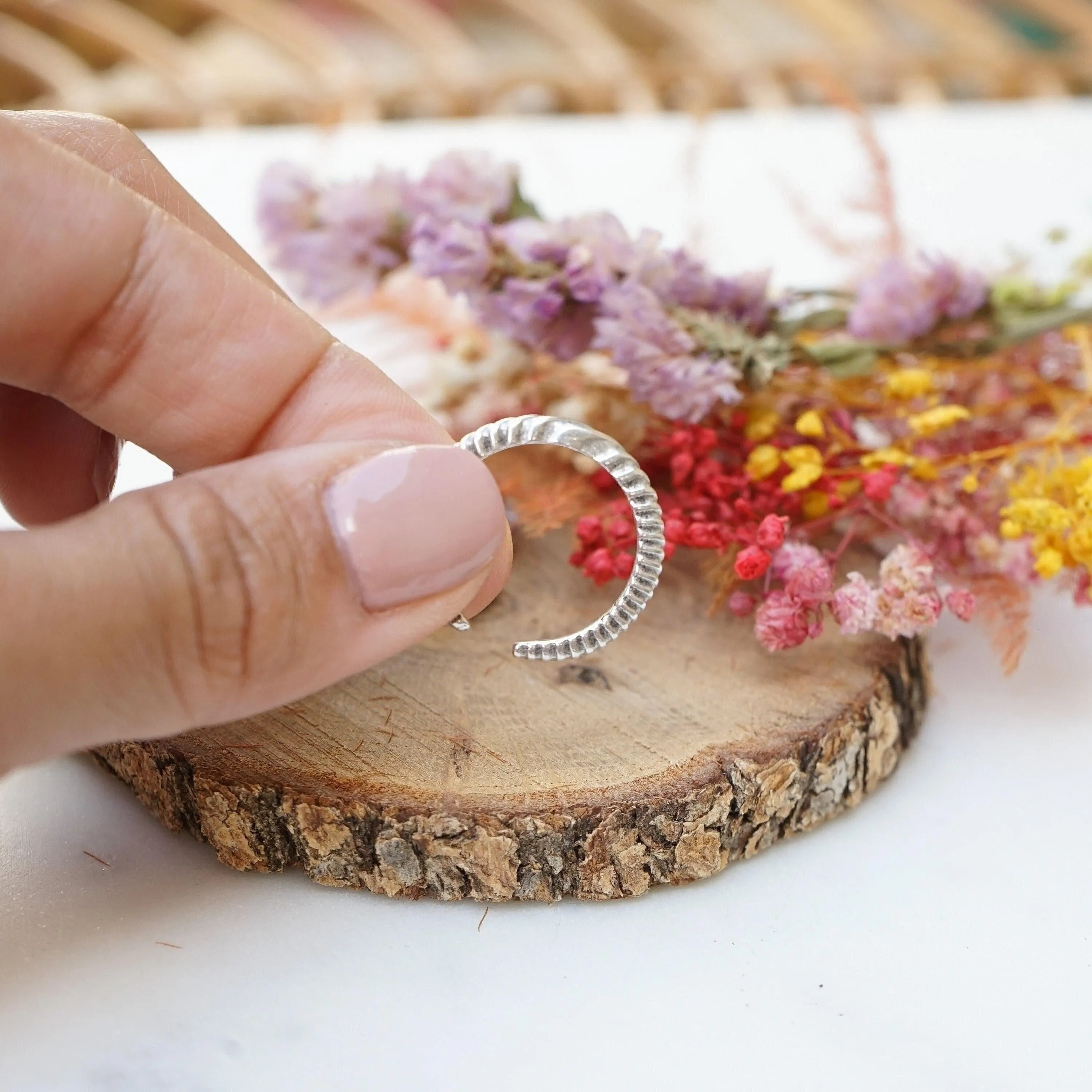 Silver Thin Wavy Hammered Open Ring