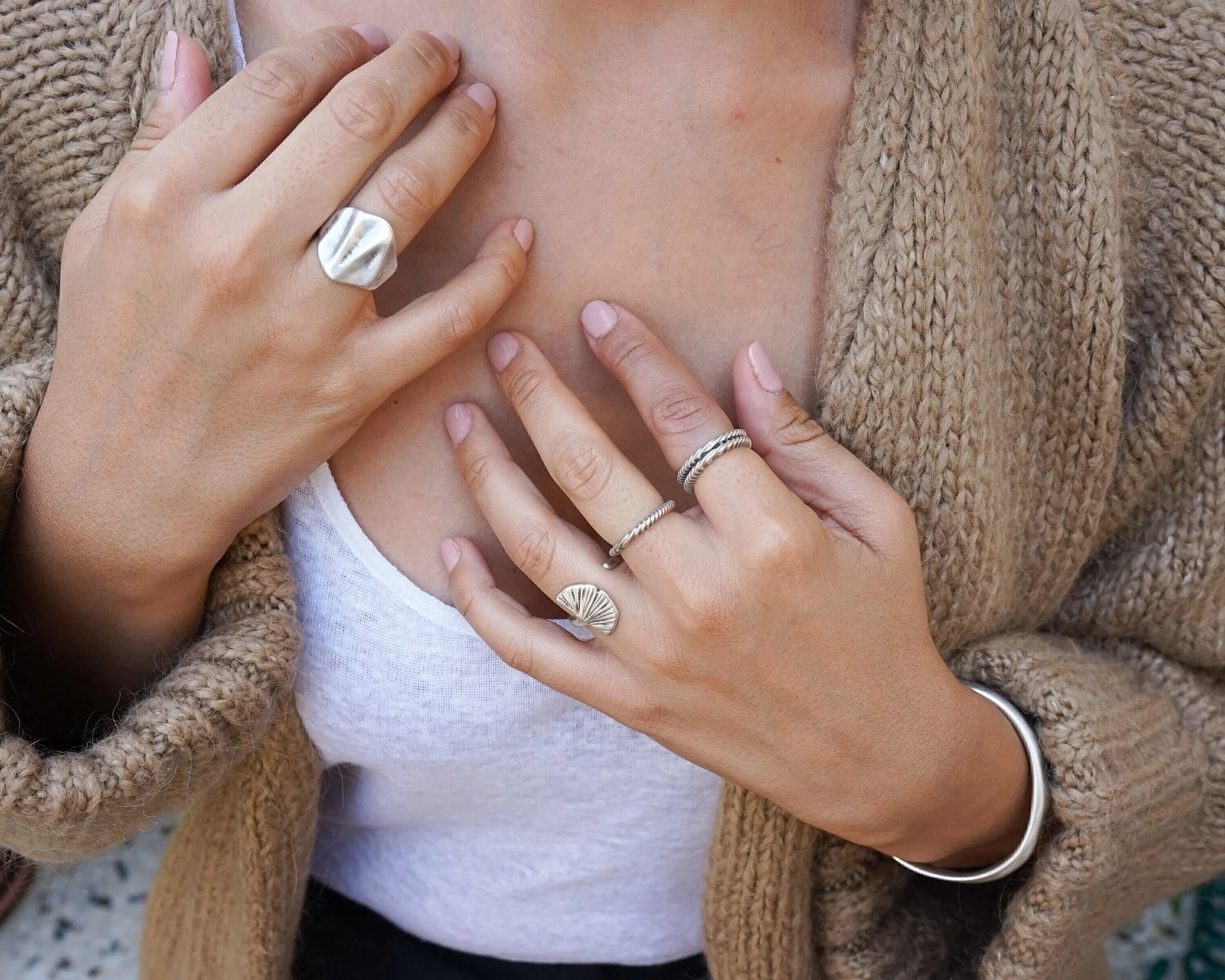 Silver Thin Wavy Hammered Open Ring