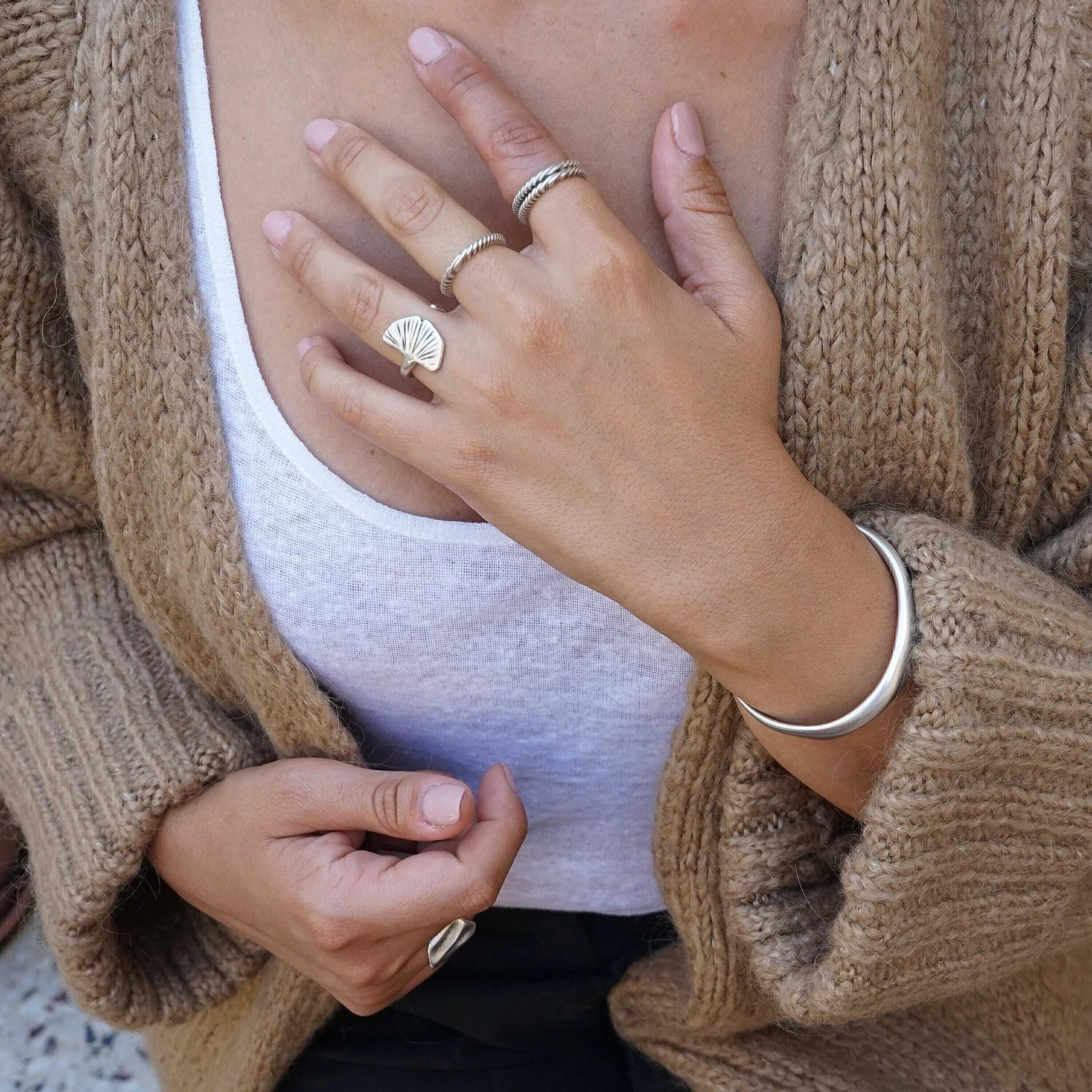 Silver Thin Wavy Hammered Open Ring