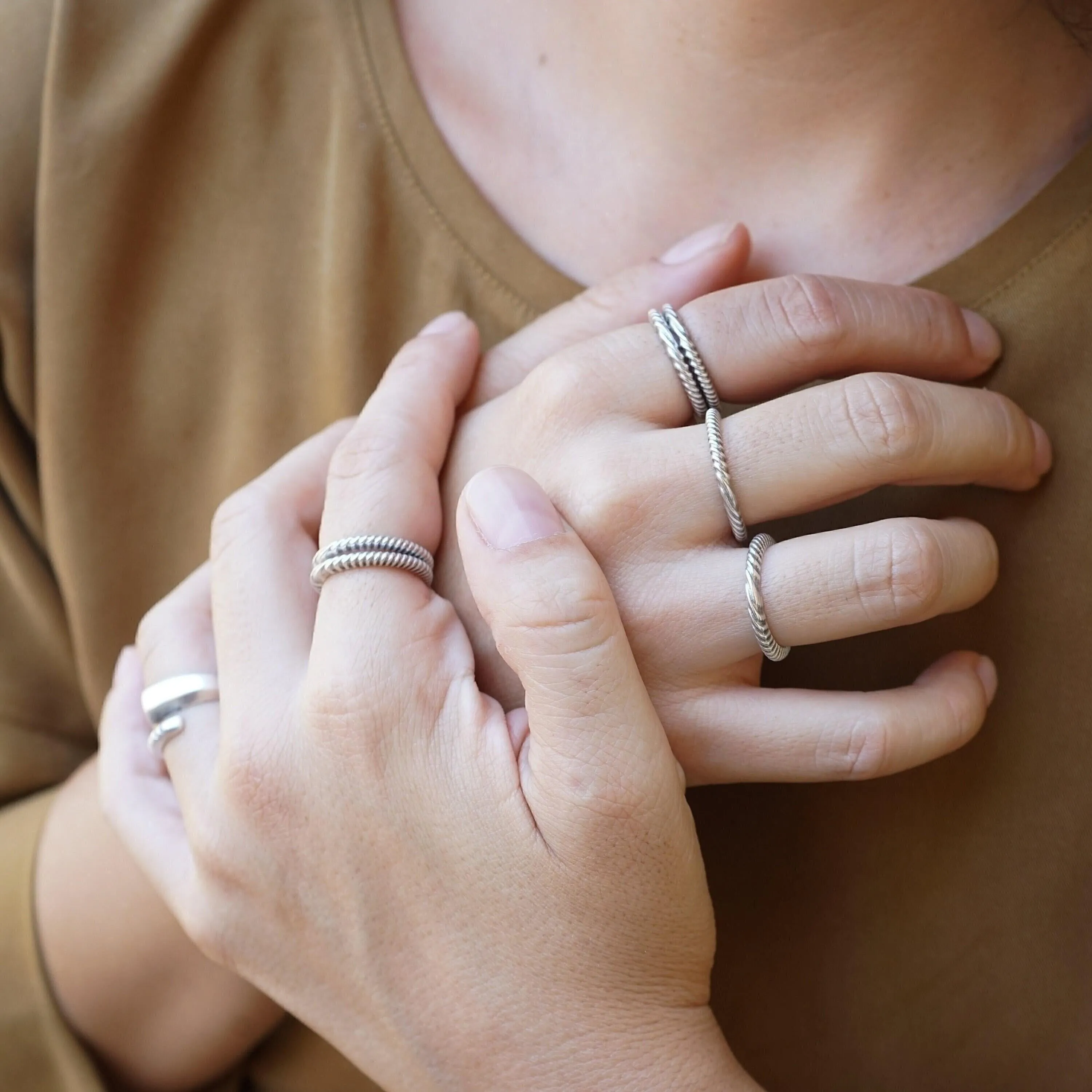 Silver Thin Wavy Hammered Open Ring