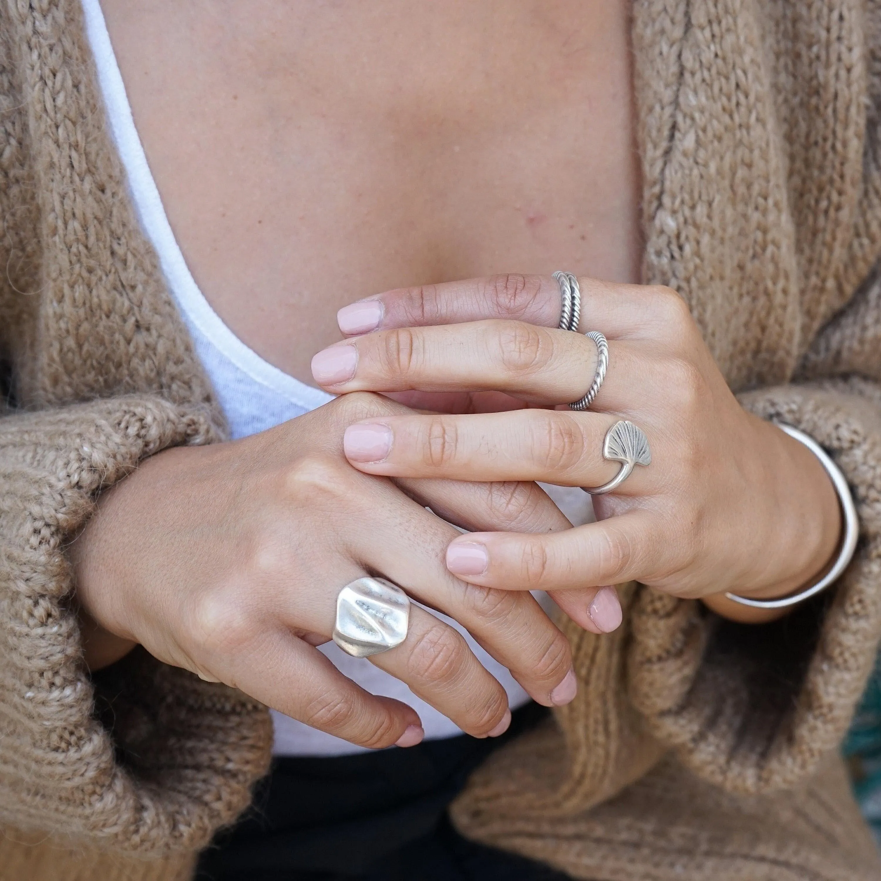 Silver Thin Wavy Hammered Open Ring