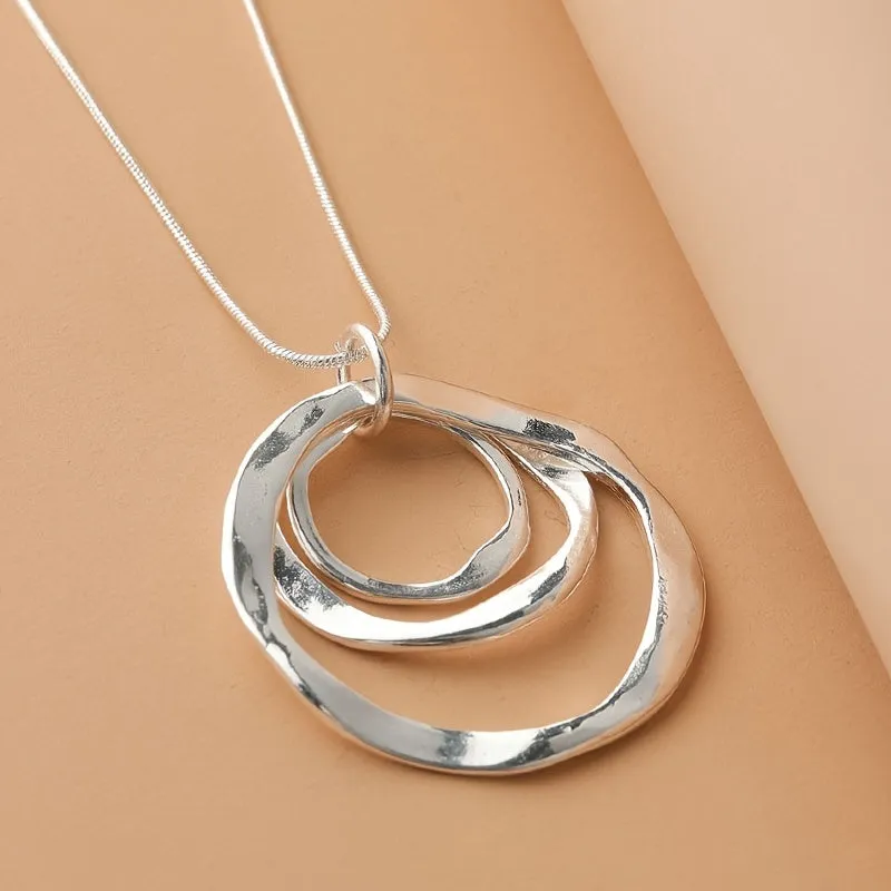 Silver Triple Ring Pendant Necklace  Unisex Style