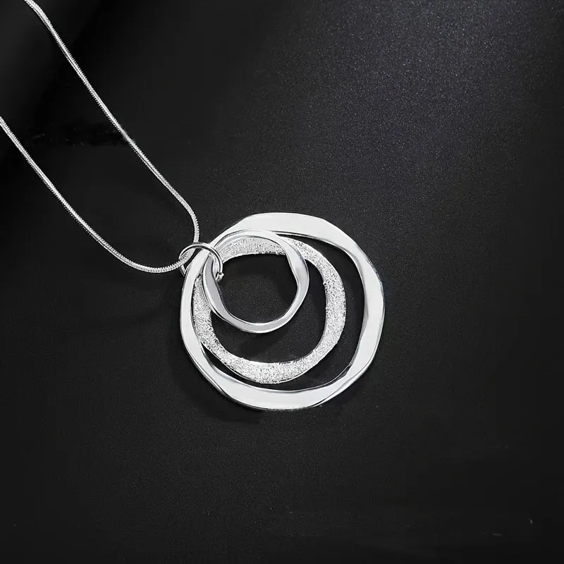 Silver Triple Ring Pendant Necklace  Unisex Style