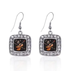 Silver Violin Square Charm Dangle Earrings