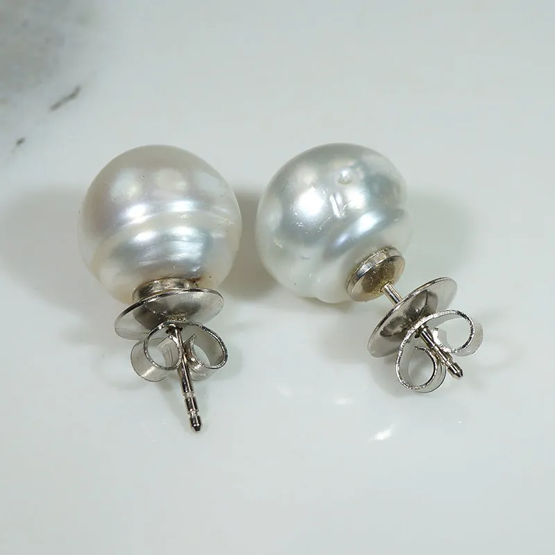 Silvery 12mm Baroque Pearl & White Gold Studs