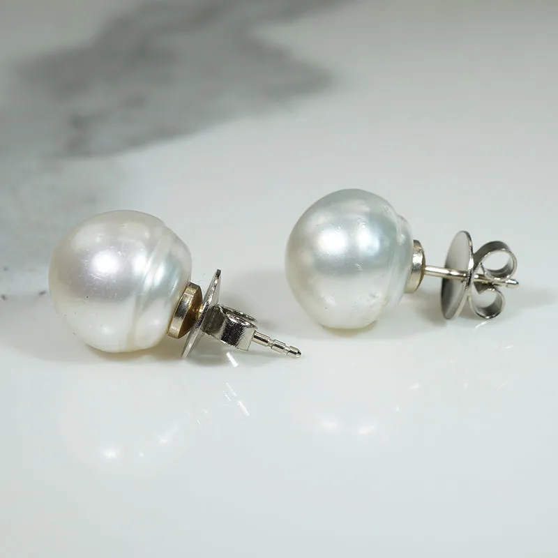 Silvery 12mm Baroque Pearl & White Gold Studs