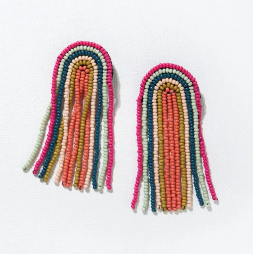 Skylar Rainbow Stripe Beaded Fringe Earrings Rainbow