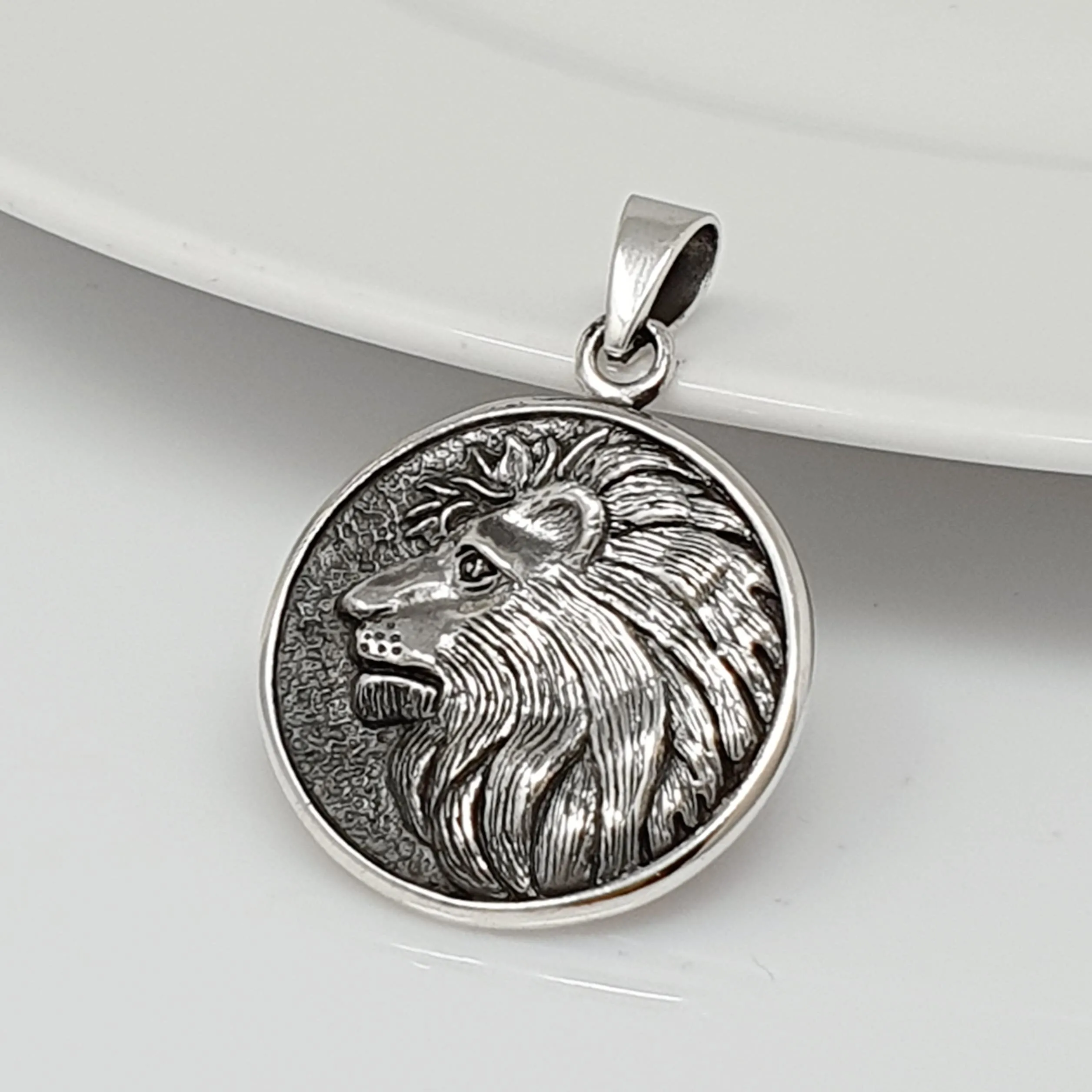 Solid Silver Lion Men's Pendant Necklace, Relief Lion Head Man Medallion, African Wild Lion Silver Men Necklace Pendant for Men and Women