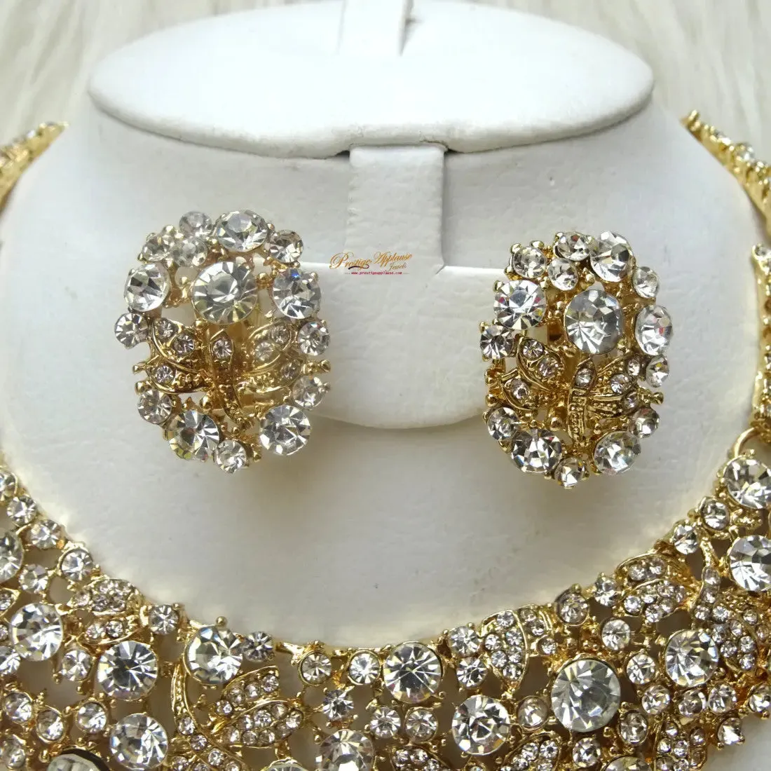 Sparkling Gold Costume Fashion Party Wedding Necklace Earring Bracelet Jewellery Set