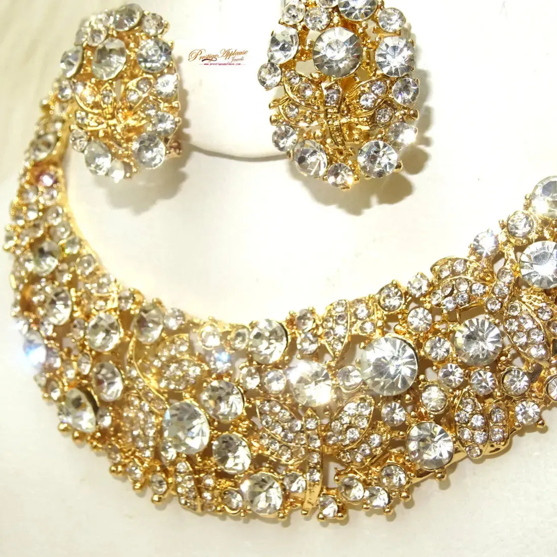 Sparkling Gold Costume Fashion Party Wedding Necklace Earring Bracelet Jewellery Set