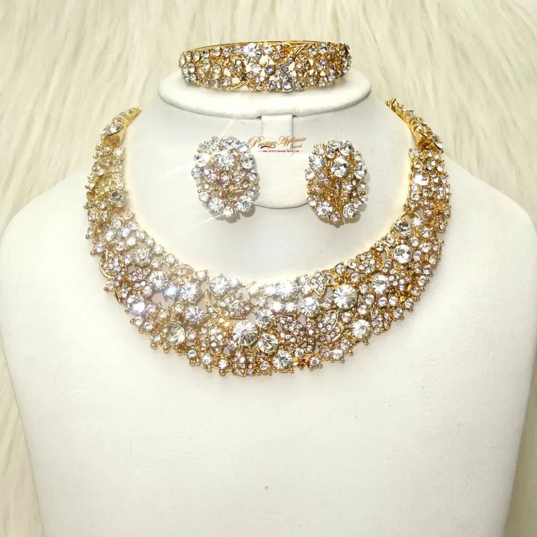 Sparkling Gold Costume Fashion Party Wedding Necklace Earring Bracelet Jewellery Set