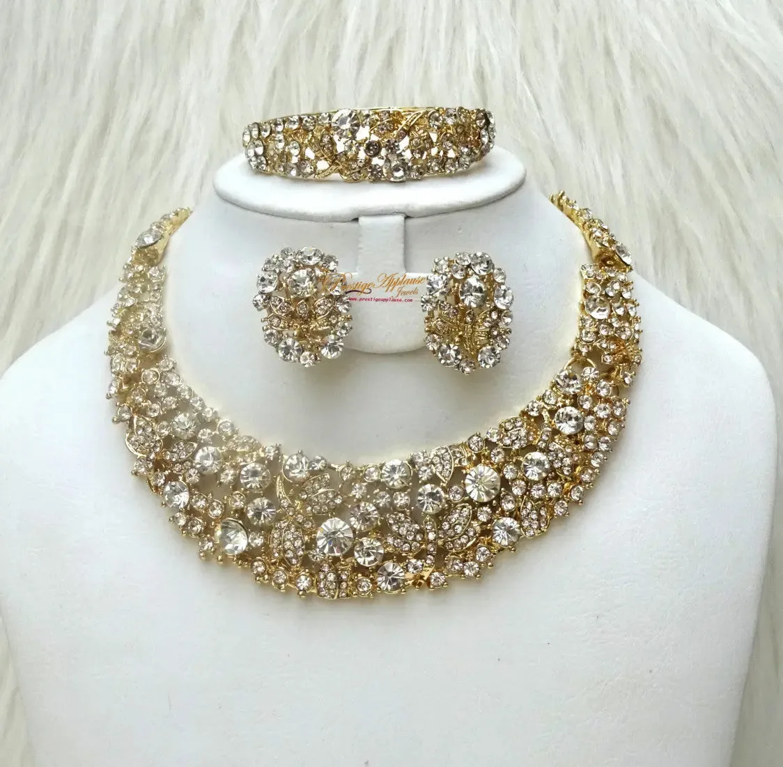 Sparkling Gold Costume Fashion Party Wedding Necklace Earring Bracelet Jewellery Set