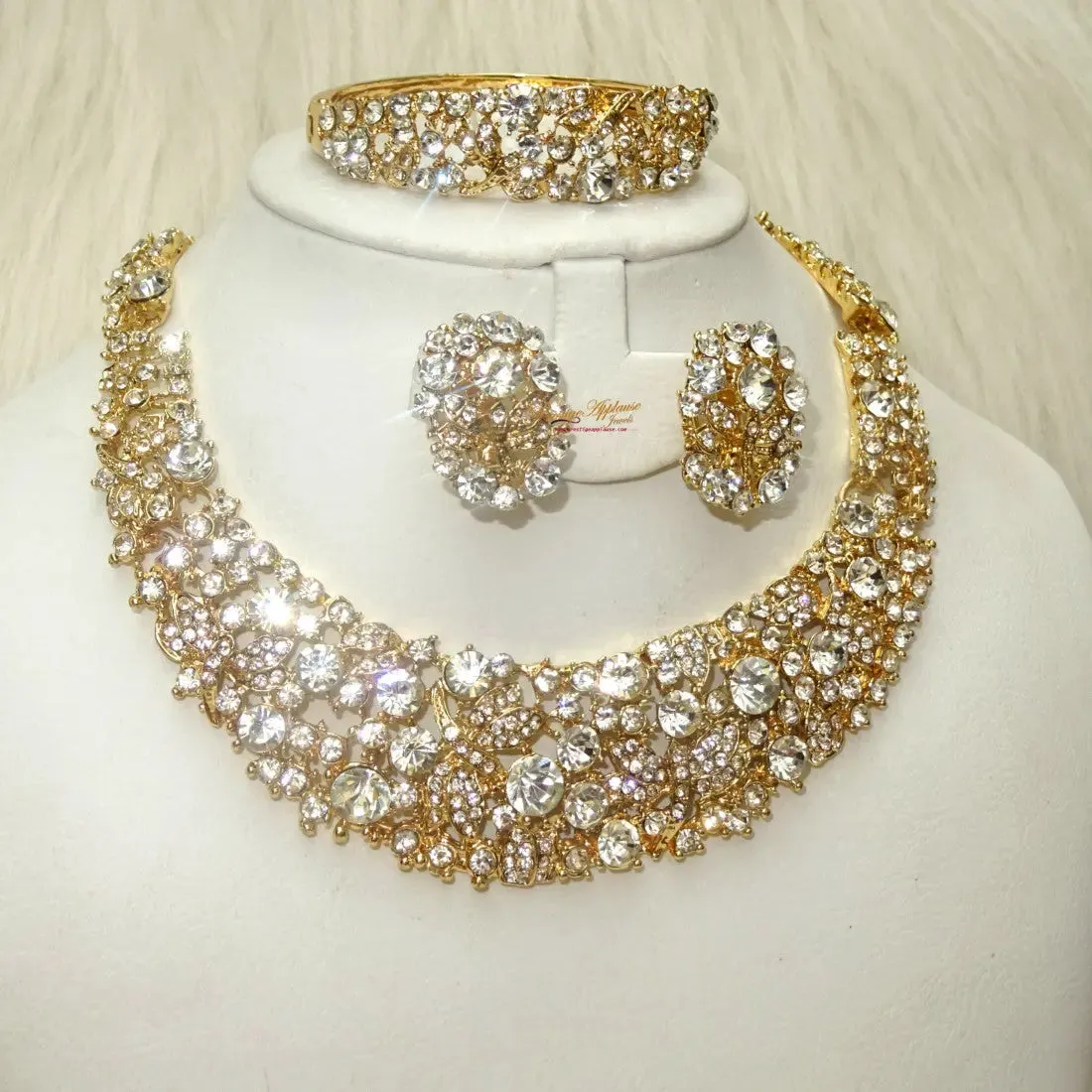 Sparkling Gold Costume Fashion Party Wedding Necklace Earring Bracelet Jewellery Set