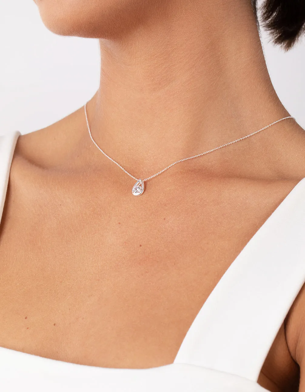 Sterling Silver Cubic Zirconia Sleek Teardrop Necklace