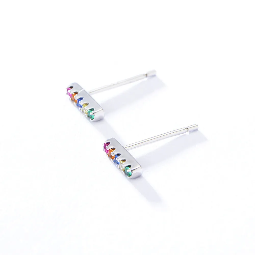 Straight Line Colourful Zircon Silver Studs Mardi Gras Earrings for Women