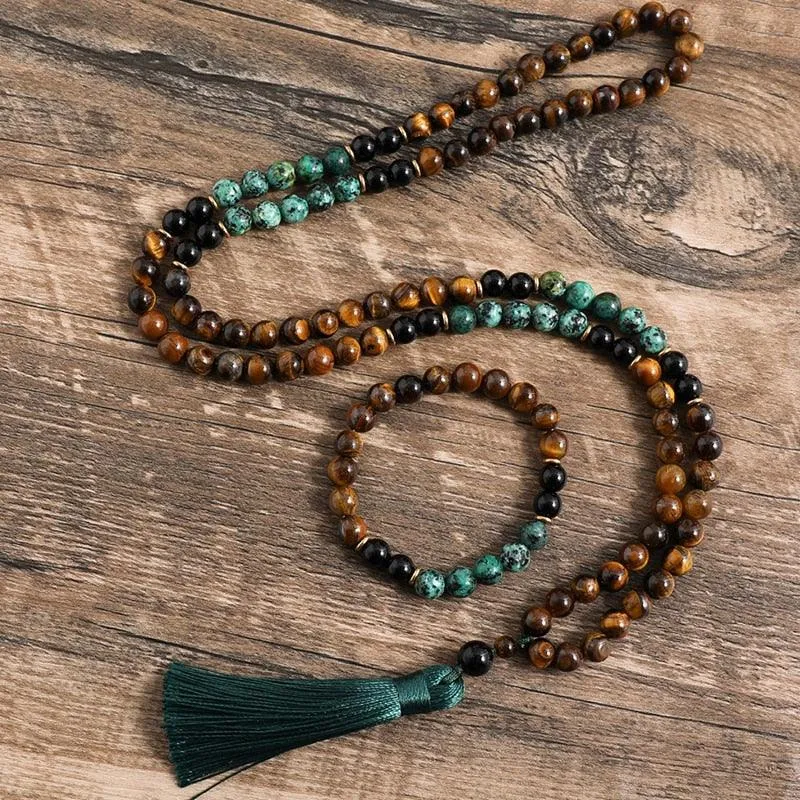 Tiger Eye Green Black Beaded Necklace