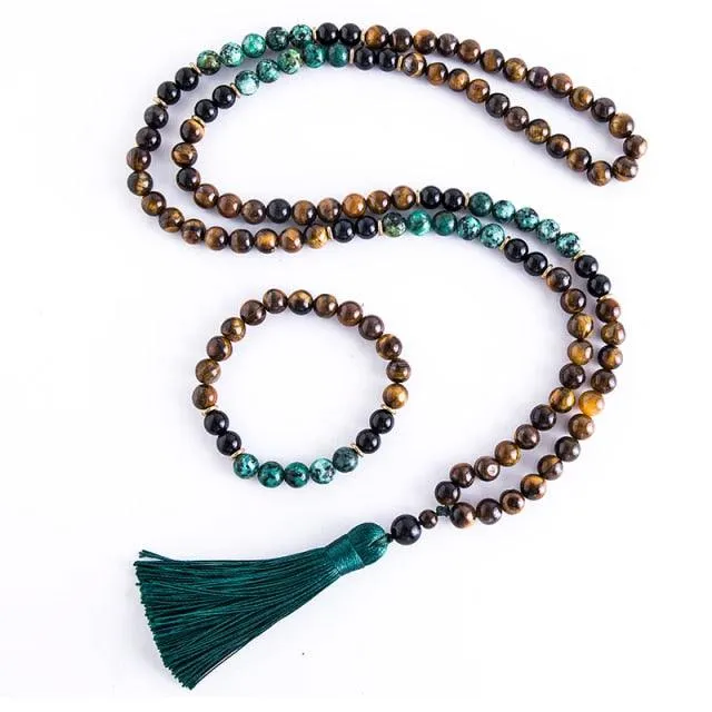 Tiger Eye Green Black Beaded Necklace