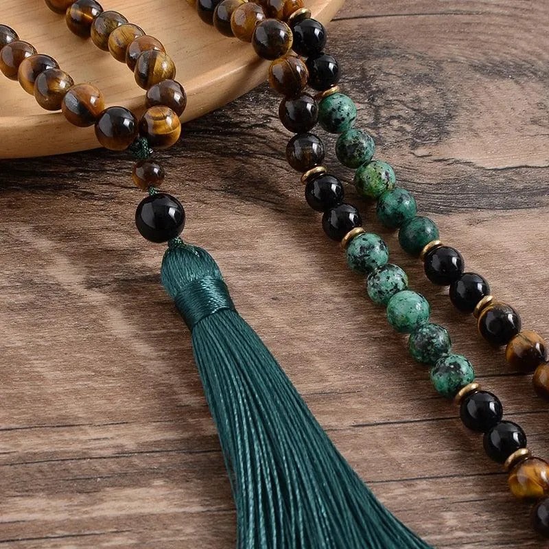 Tiger Eye Green Black Beaded Necklace