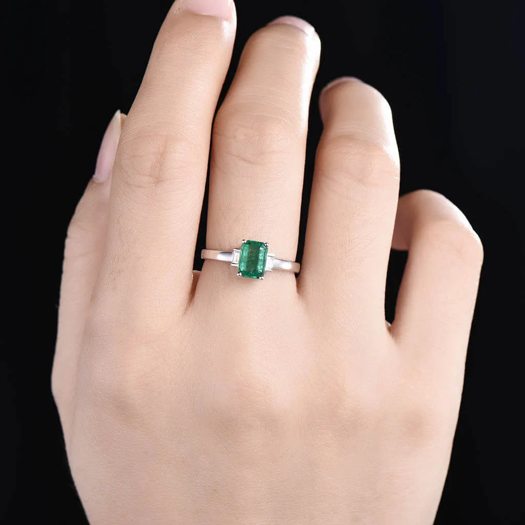 Vintage Natural Emerald Cut Emerald And Baguette Cut Diamond Engagement Ring Three Stone