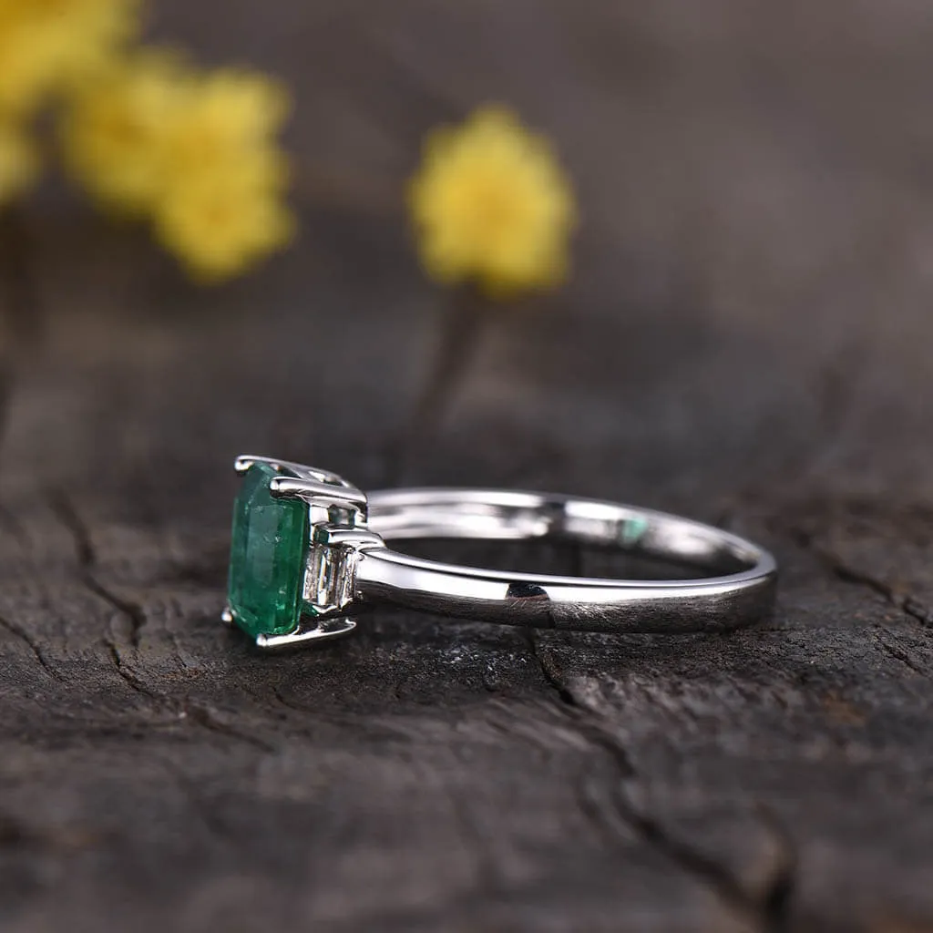 Vintage Natural Emerald Cut Emerald And Baguette Cut Diamond Engagement Ring Three Stone