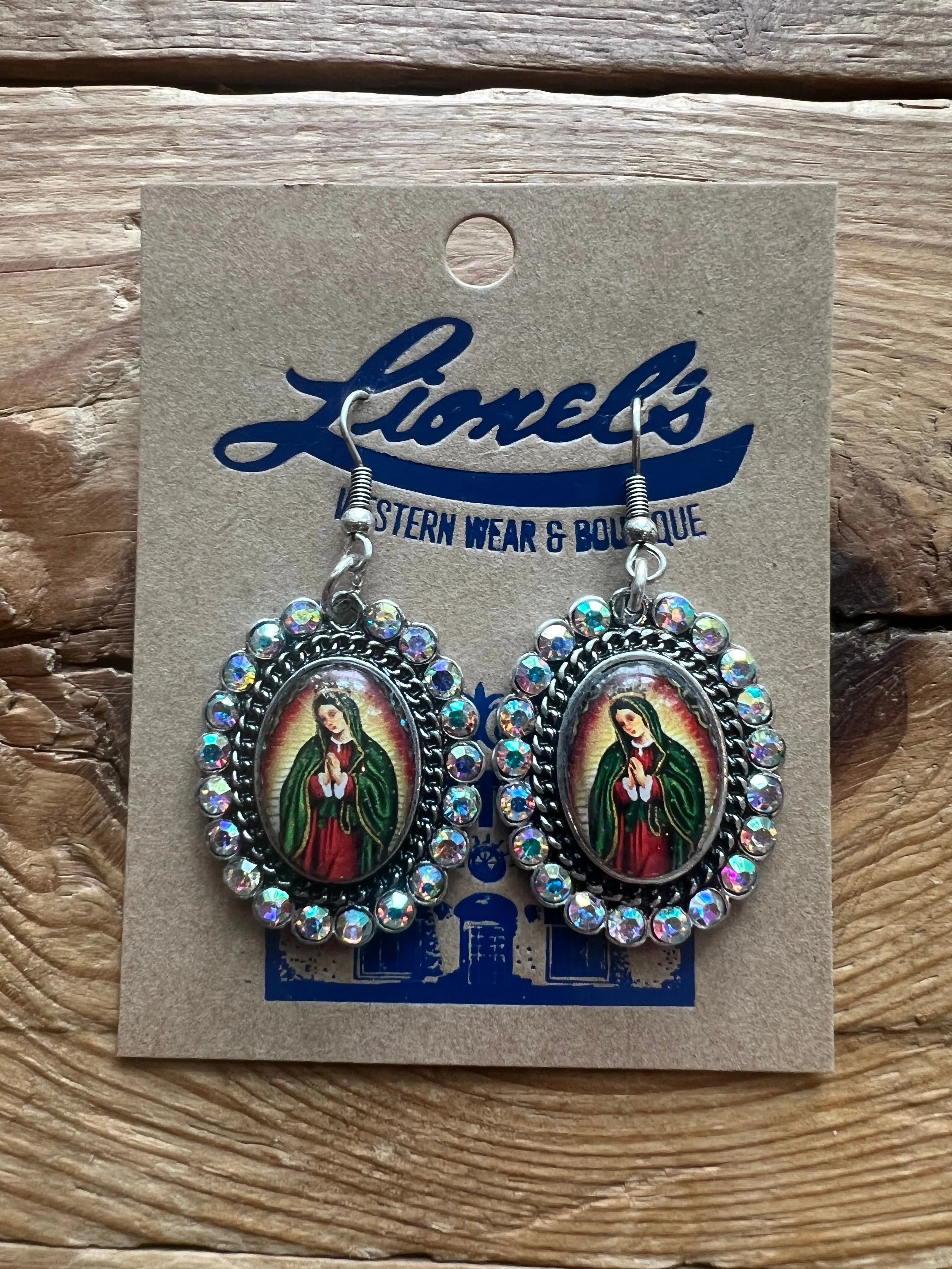 Virgen de Guadalupe Oval Earrings w/ Crystals