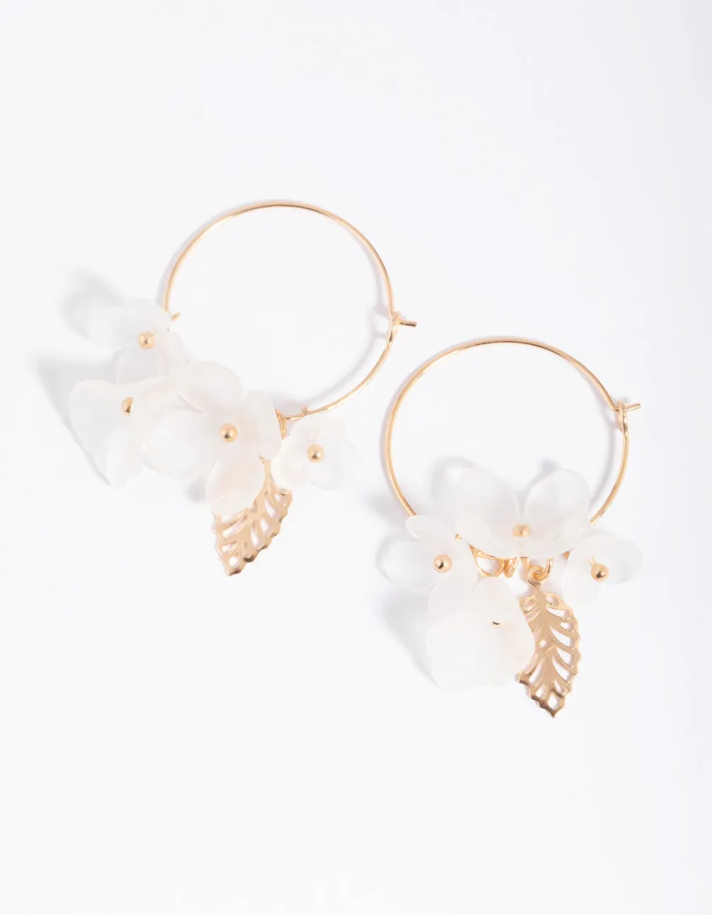 White Frosted Flower & Leaf Hoop Earrings