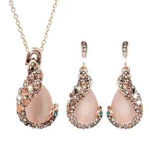 Women Elegant Waterdrop Rhinestone Pendant Necklace Earrings Set