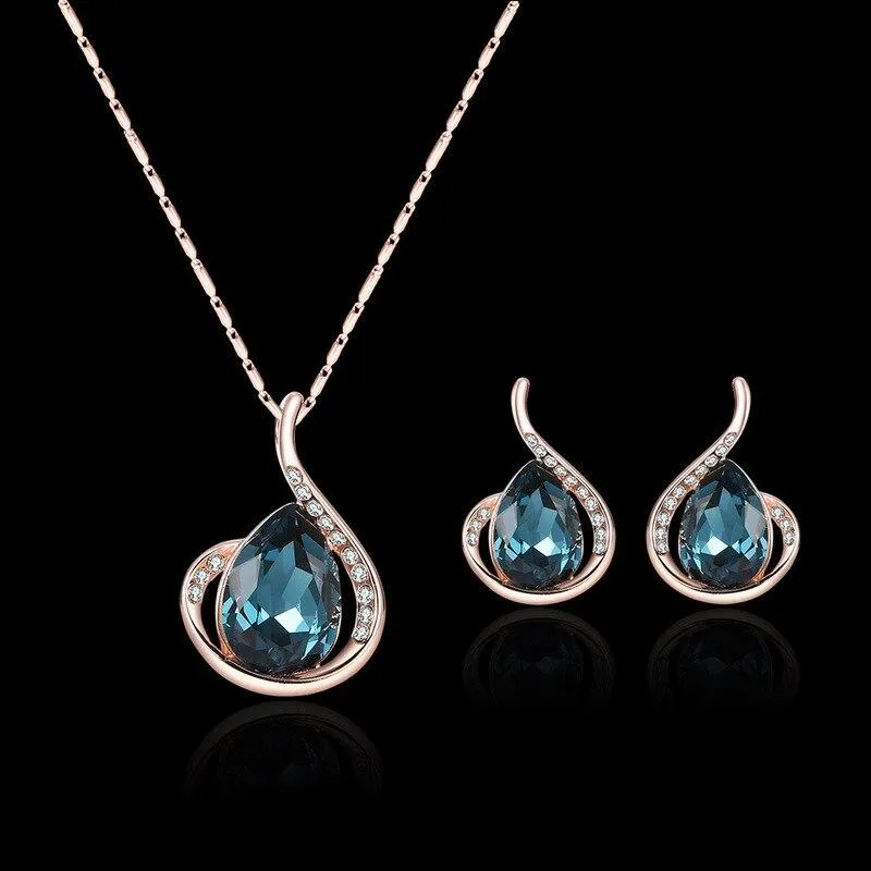 Women Elegant Waterdrop Rhinestone Pendant Necklace Earrings Set