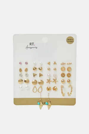 Women Gold Embellished Earrings Set (21 Pairs)