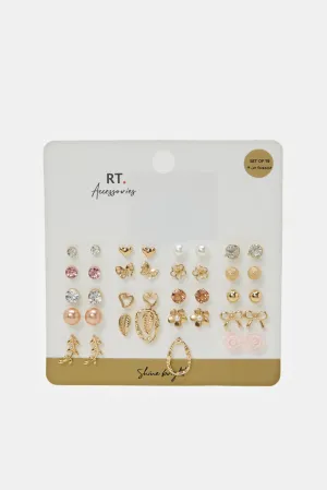 Women Gold Embellished Studs (19 Pairs)